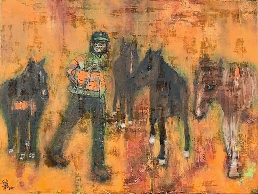 commissioned oil painting of a farmer and her horses